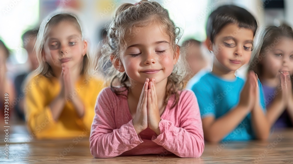 Preschool children praying together in classroom Preschool children praying together in classroom