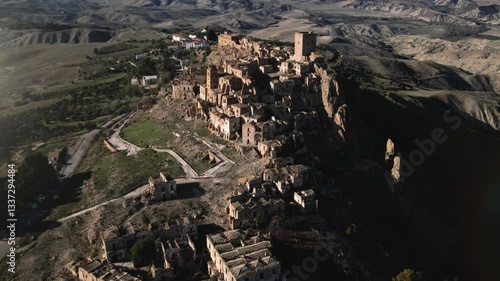 Panoramic view of the ancient abandoned city of Craco in the Basilicata region, Italy. Stunning 4K footage showcasing this unique Italian tourist destination and historical site.