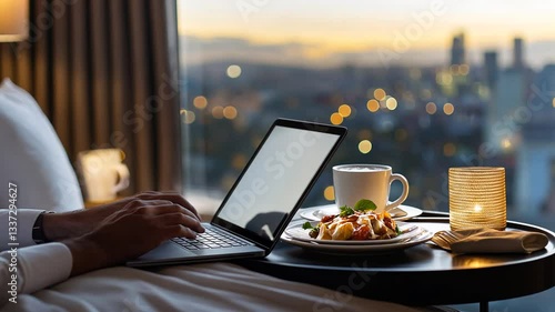 A professional enjoying room service while working on a laptop in a hotel