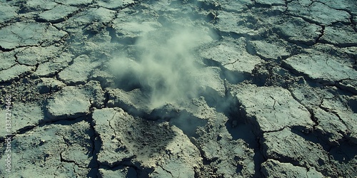 Dry cracked earth, smoke rising, arid landscape