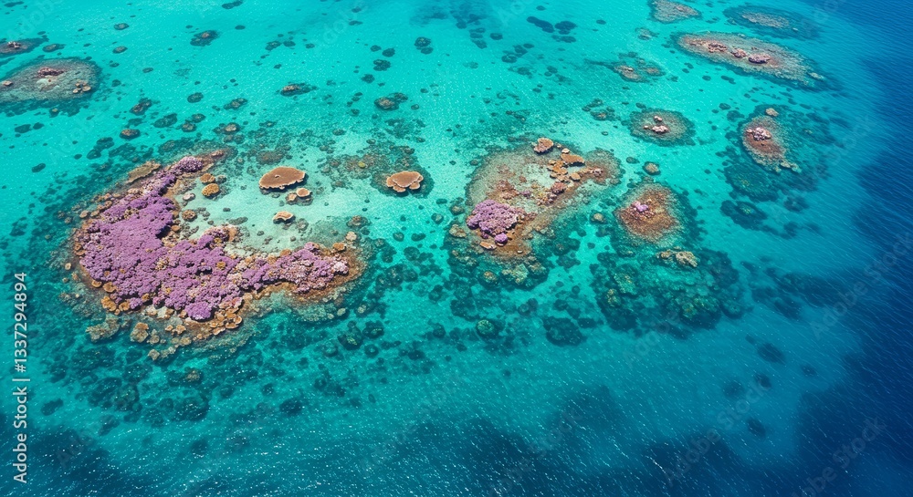 Obraz premium A bird’s-eye view of a vibrant coral reef in crystal-clear turquoise waters, teeming with marine life