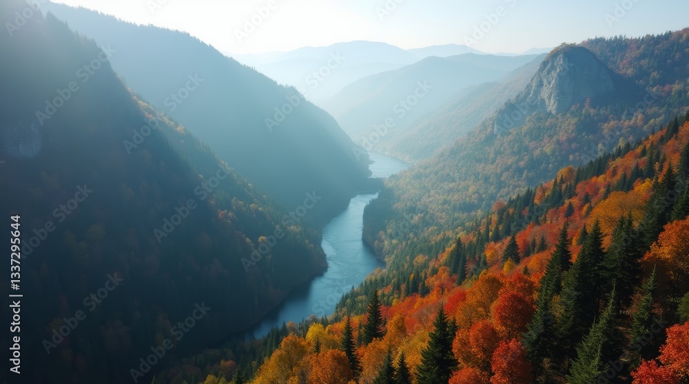 Obraz premium A majestic aerial perspective of a mountain range covered in a dense forest, with a winding river carving its path through the valleys