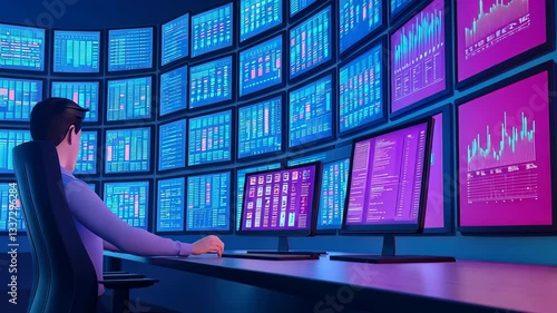 Futuristic Control Room Person Seated Amidst Multiple Screens Displaying Data and Graphs for High Tech Monitoring and Analysis in Blue Glow Environment