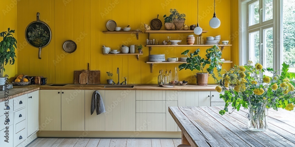Bright yellow kitchen decorated with various shelves and household items Bright yellow kitchen decorated with various shelves and household items