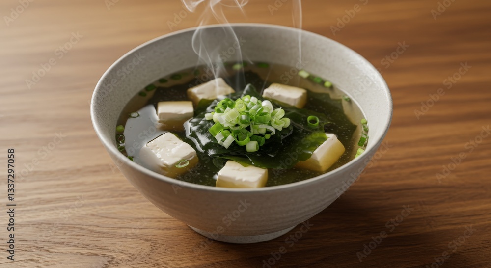 a steaming bowl of traditional miso soup on a wooden table a steaming bowl of traditional miso soup on a wooden table