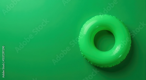 Bright green inflatable ring on a green background. Summer, vacation and pool concept.