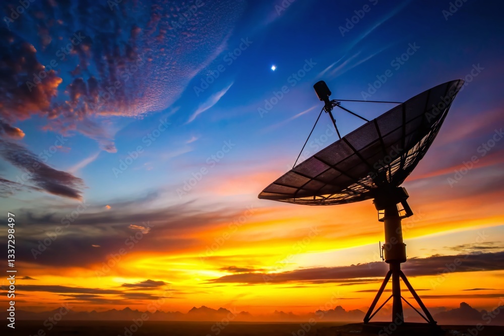 Sunset Silhouette: Satellite Dish & Antenna - Minimalist Communication Technology