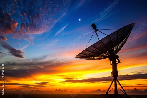 Obraz na płótnie Sunset Silhouette: Satellite Dish & Antenna - Minimalist Communication Technology w salonie