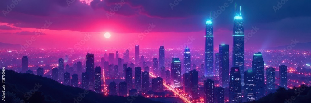 Fototapeta premium Neon-lit towers, vibrant gradient hues, futuristic cityscape, bright, view, energy