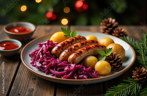 Closeup of a festive plate with grilled sausages, boiled potatoes, and red cabbage. Perfect for Christmas or winter holiday themes. photo