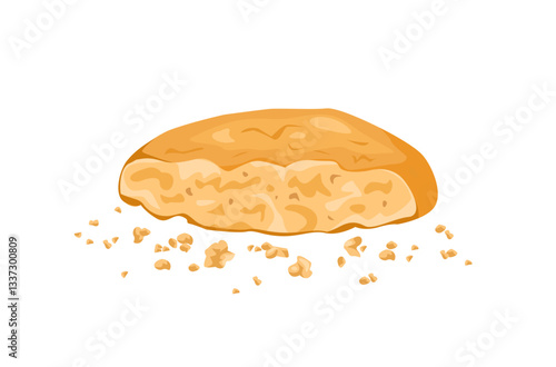 Crunchy biscuit and crumbs isolated on white background. Vector cartoon flat illustration of cookie piece.