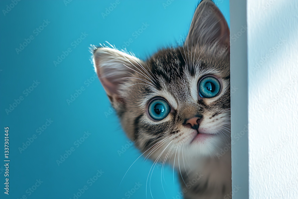 A cute cat peeks out from behind a corner on a blue background, with copy space A cute cat peeks out from behind a corner on a blue background, with copy space