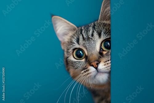 A cute cat peeks out from behind a corner on a blue background, with copy space