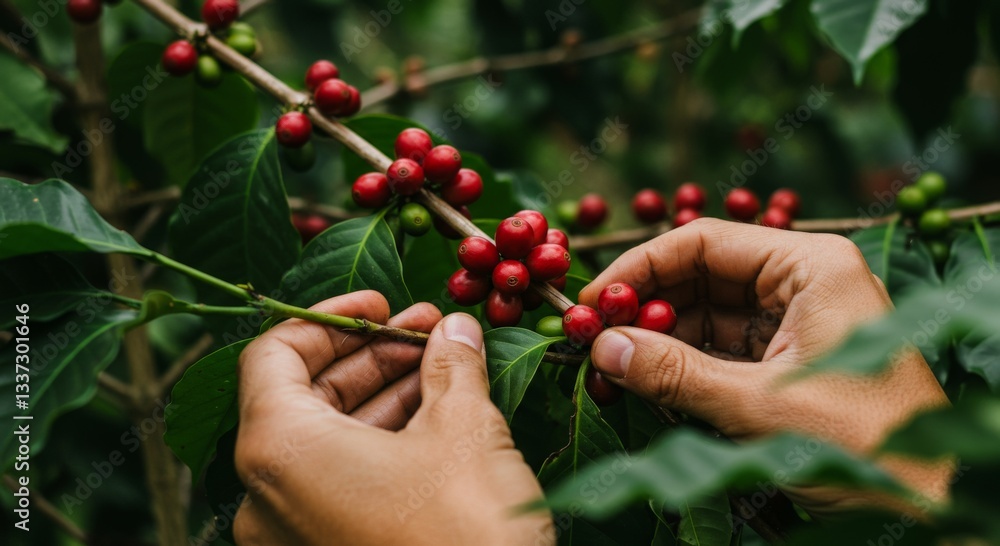 Close-up of hands picking coffee cherries from the branch, surrounded by lush greenery in an environment that reflects their natural setting and emphasizing sustainable farming practices Close-up of hands picking coffee cherries from the branch, surrounded by lush greenery in an environment that reflects their natural setting and emphasizing sustainable farming practices