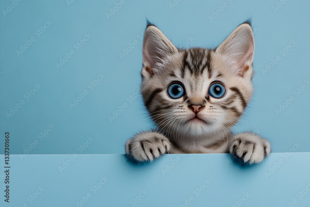 A cute cat peeks out from behind a corner on a blue background, with copy space A cute cat peeks out from behind a corner on a blue background, with copy space