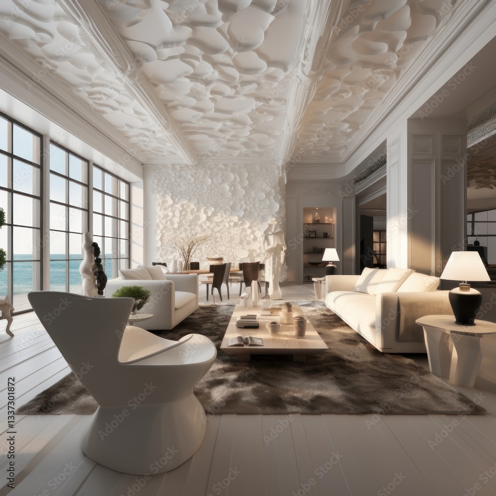 Fototapeta premium Luxury Living Room. Elegant Interior with Sophisticated Decor, Stylish Furniture, and Warm Ambiance. Interior Design and Real Estate Concept with Copy Space. Real Estate and Home Decor Concept.