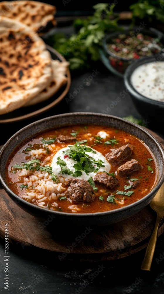 Experience the rich flavors of Georgian kharcho soup with tender beef, aromatic rice, and fresh cilantro, complemented by warm lavash bread Experience the rich flavors of Georgian kharcho soup with tender beef, aromatic rice, and fresh cilantro, complemented by warm lavash bread