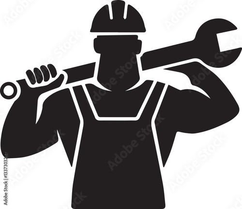 construction worker with wrench key silhouette style icon design, Repair work repair reconstruction industry build and project theme Vector illustration