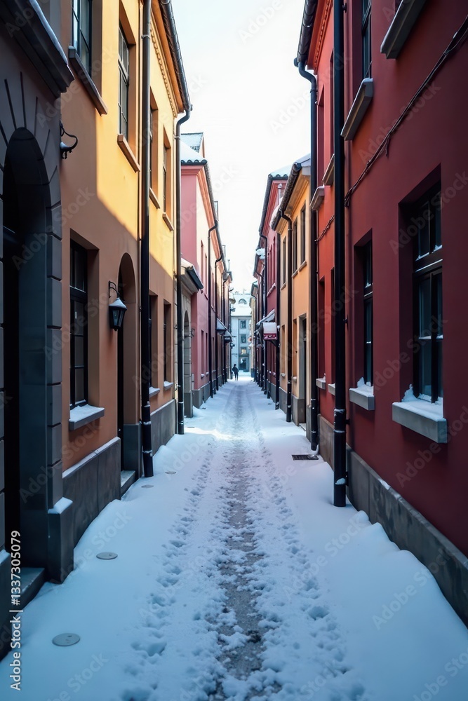 Fototapeta premium Narrow alley, snow-covered buildings, soft morning light, snow, path, sunrise