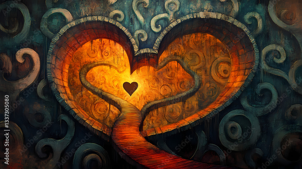 Fototapeta premium A surrealistic labyrinth unfolding within the chambers of a human heart, with twisting passages and hidden doorways leading to realms of emotion and introspection. Hidden Realms. Illustration