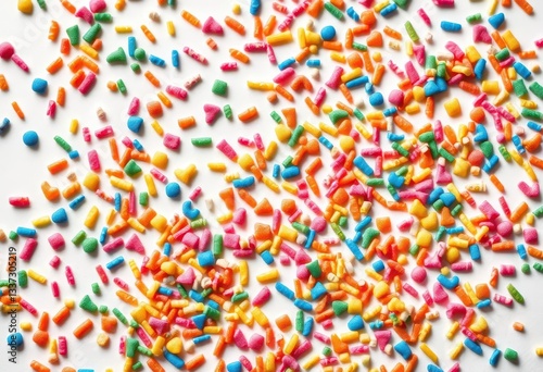 Rainbow candy sprinkles scattered on white background, sweet background, pastel