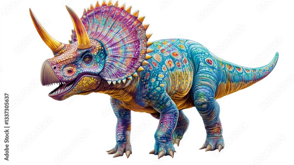 A detailed illustration of a colorful Triceratops dinosaur on a white isolate background. A detailed illustration of a colorful Triceratops dinosaur on a white isolate background.