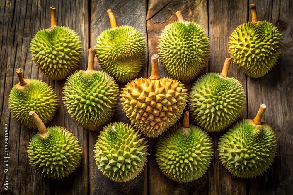 Fototapeta premium Thailand Durian King Fruit Aerial Wooden Background Stock Photo