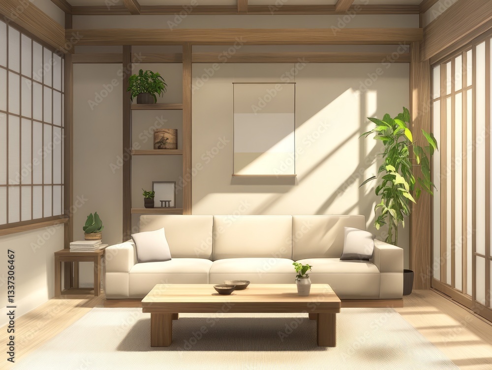 Fototapeta premium A modern living room with minimalist furniture and sunlight