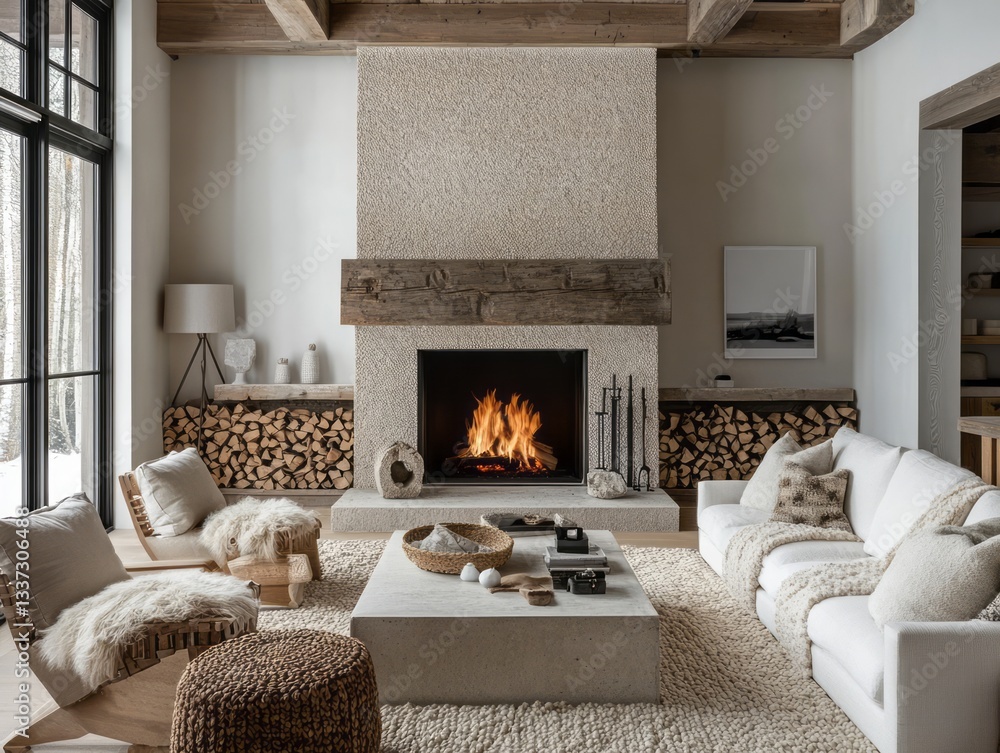 Fototapeta premium A warm cozy living room with a fireplace and comfortable furniture