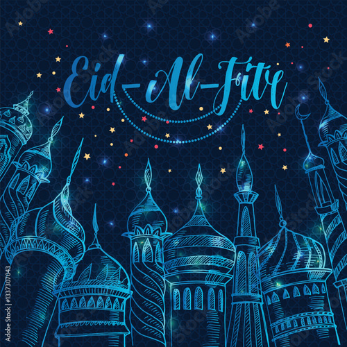 Ramadan greeting illustration with silhouette of mosque on dark blue Eid-Al-Fitr. Creative design concept for muslim holiday.