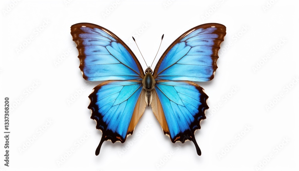 Obraz premium blue morpho butterfly with iridescent blue wings on white background, detailed close-up of Morpho menelaus, nature and wildlife concept