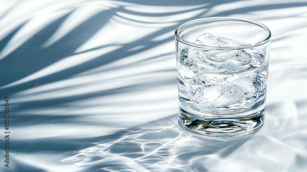 A glass of water on an ice-cold table with a fabric shadow behind it A glass of water on an ice-cold table with a fabric shadow behind it