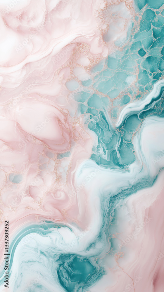 Obraz premium Soft pastel hues of pink and turquoise swirl together in a fluid, marble-like pattern with delicate golden accents.