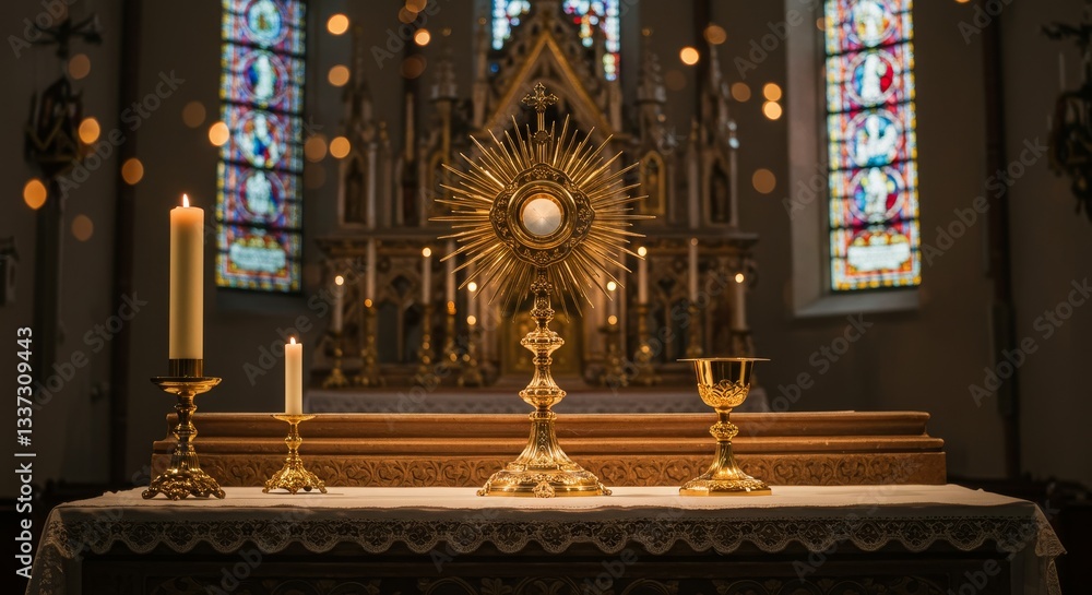 Obraz premium Sacred Altar Illumination: Church Candles and Monstrance - Divine worship, faith, spirituality, Eucharist, holy communion. A serene and elegant scene symbolizing reverence and devotion