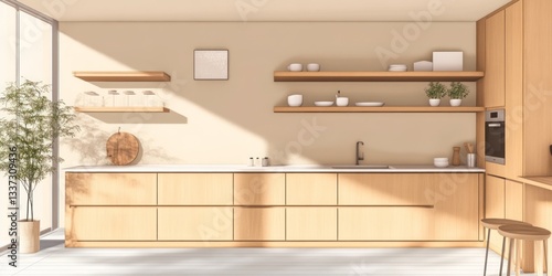 Modern kitchen interior with wooden cabinets and natural light beaming