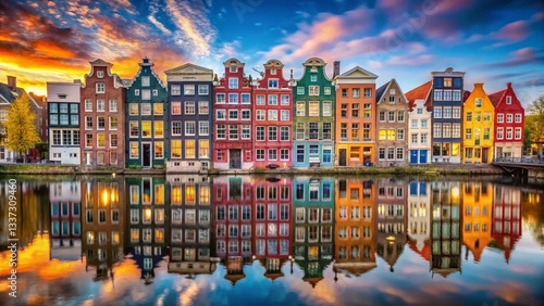 Vibrant Amsterdam Canal Houses, Oil Painting Style Cityscape