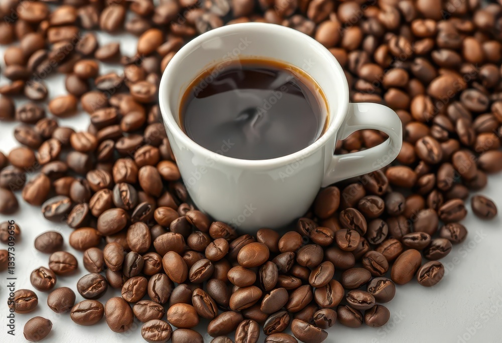 Roasted coffee beans encircle a steaming cup of coffee, breakfast, texture Roasted coffee beans encircle a steaming cup of coffee, breakfast, texture
