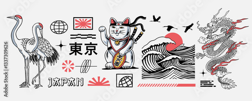 Japanese-inspired vector set with cranes, a lucky cat, a dragon, ocean waves, and Tokyo themed elements. Perfect for t-shirt designs, posters, merchandise and other uses. Japanese Text: Tokyo
