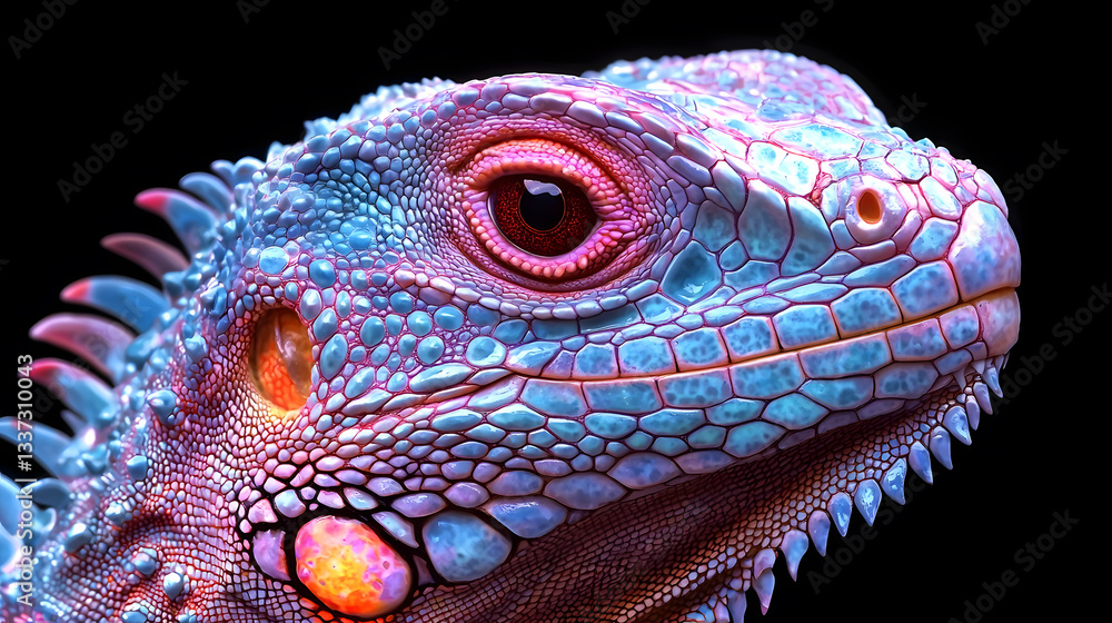 Fototapeta premium Iguana's Jewel-toned Close-up: A captivating close-up showcases the vibrant beauty of an iguana, its scales shimmering with a kaleidoscope of blues, pinks, and oranges.