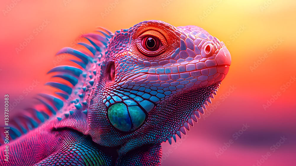 Obraz premium Radiant Reptile: A vibrant iguana showcases dazzling hues against a backdrop of a sunset sky, showcasing a captivating combination of nature's beauty.