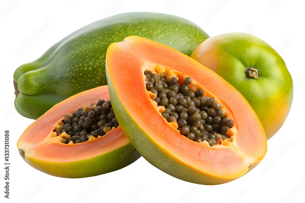 Fresh ripe and unripe papayas with seeds, A group of ripe and unripe papayas, with one cut open revealing its vibrant orange flesh and black seeds. Isolated on white.
Fresh ripe and unripe papayas with seeds, A group of ripe and unripe papayas, with one cut open revealing its vibrant orange flesh and black seeds. Isolated on white.