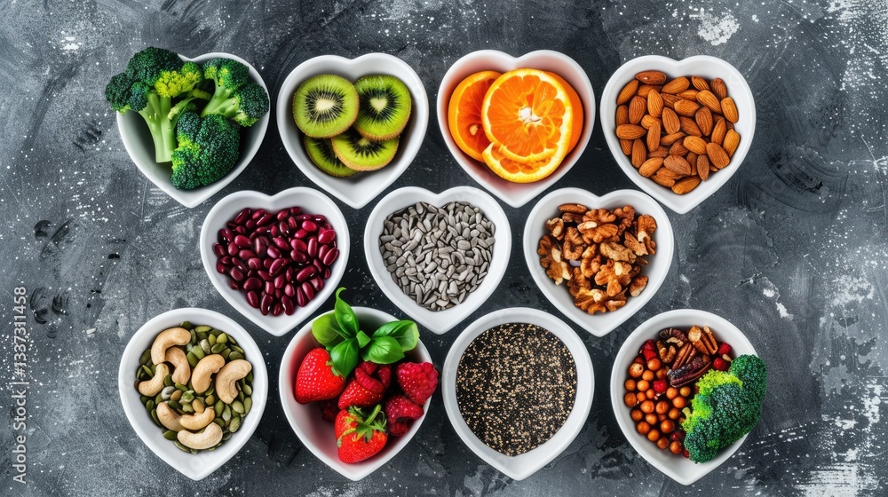 Healthy Food in Heart-Shaped Bowls Healthy Food in Heart-Shaped Bowls