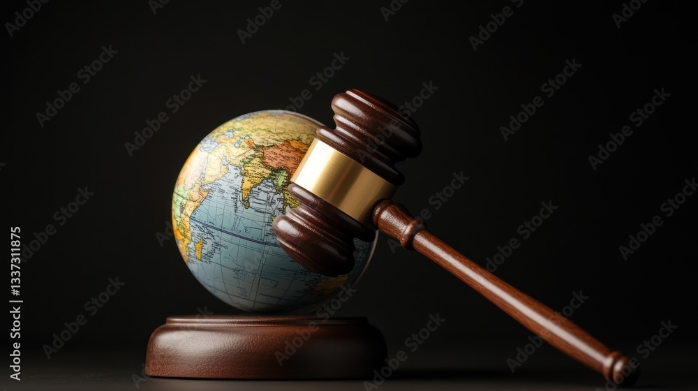 Global legal action; gavel hitting a world globe; symbolic legal concept; potential use in legal news or global justice articles Global legal action; gavel hitting a world globe; symbolic legal concept; potential use in legal news or global justice articles