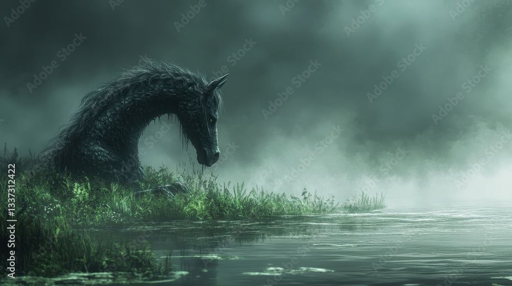 Obraz premium Mystical kelpie emerging from misty lake at dawn