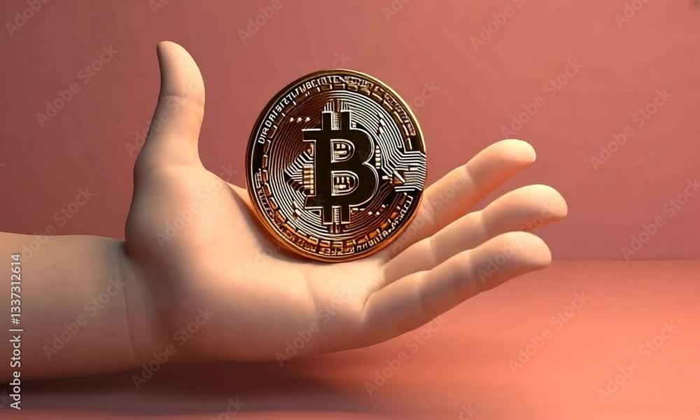 A close-up of a hand holding a golden Bitcoin, symbolizing cryptocurrency and financial technology. Concept of digital currency and investment