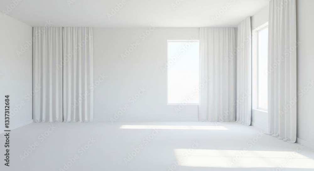 Fototapeta premium Spacious White Room with Sunlight and Curtains - Clean, minimalist, bright, airy, serene space. Symbolizing purity, simplicity, new beginnings, potential, peace