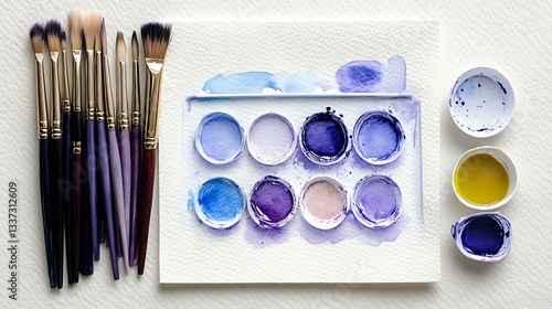 Watercolor painting supplies, flatlay