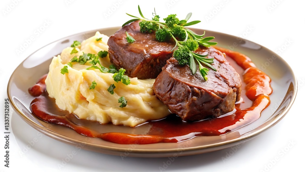 Tender Red Beef with Mashed Potatoes on a Plate – White Background