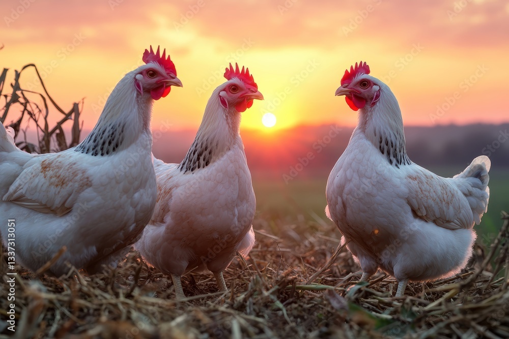 Fototapeta premium Free range broiler chickens enjoying the sunset in a tranquil farm setting