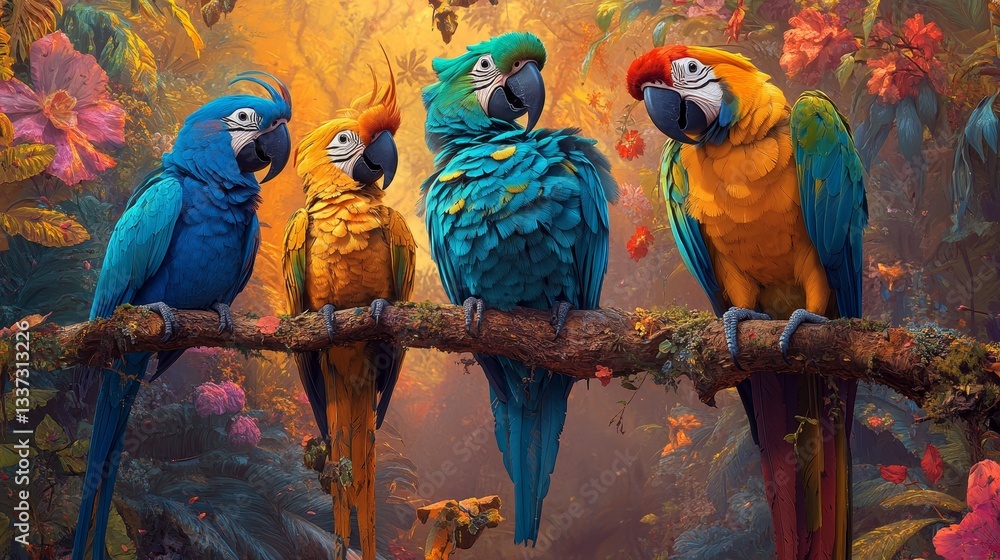 Obraz premium A decorative parrot and a multitude of colorful birds are the centerpiece of this flourishing garden